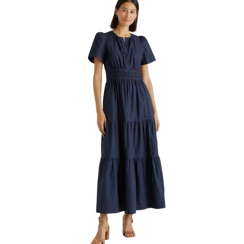 NWOT Quince Women's Navy Blue Tiered Maxi Dress XS Organic Poplin 4480-90
